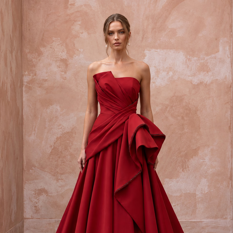 Ruby Red Sculptural Faille Peplum Bodice Strapless Ball Gown