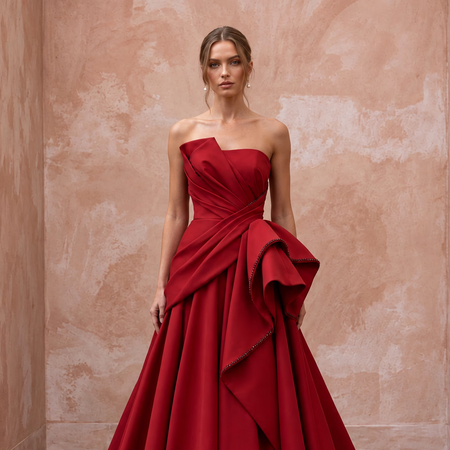 Ruby Red Sculptural Faille Peplum Bodice Strapless Ball Gown
