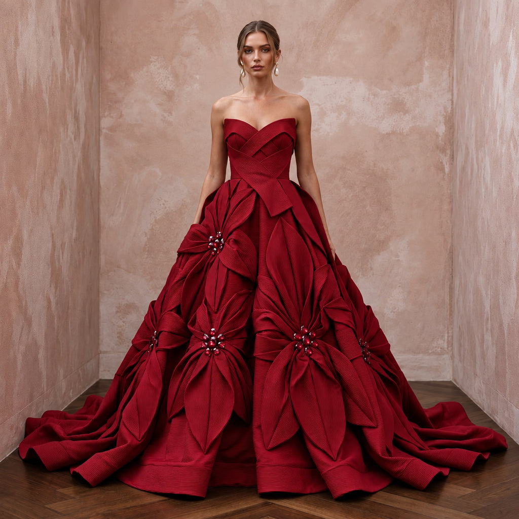 Ruby Red Sculptural Faille Strapless Ball Gown for Charity Gala - Apparel & Accessories > Clothing > Wedding & Bridal Party Dresses > Wedding Dresses - Mignonette Bridal