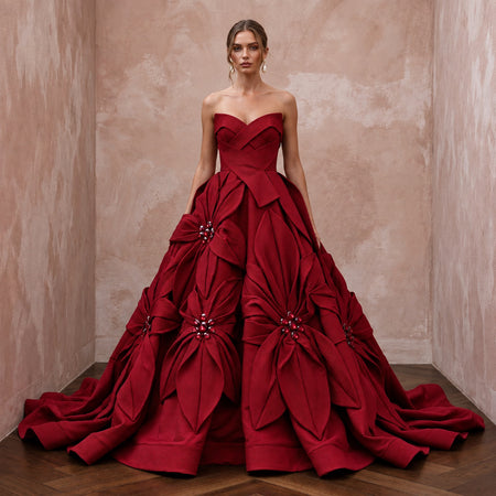 Ruby Red Sculptural Faille Strapless Ball Gown for Charity Gala - Apparel & Accessories > Clothing > Wedding & Bridal Party Dresses > Wedding Dresses - Mignonette Bridal
