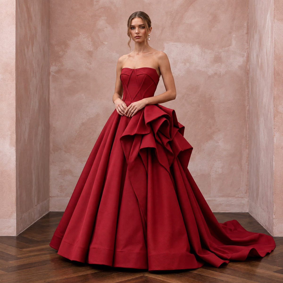 Ruby Red Sculptural Faille Strapless Ball Gown for Charity Gala