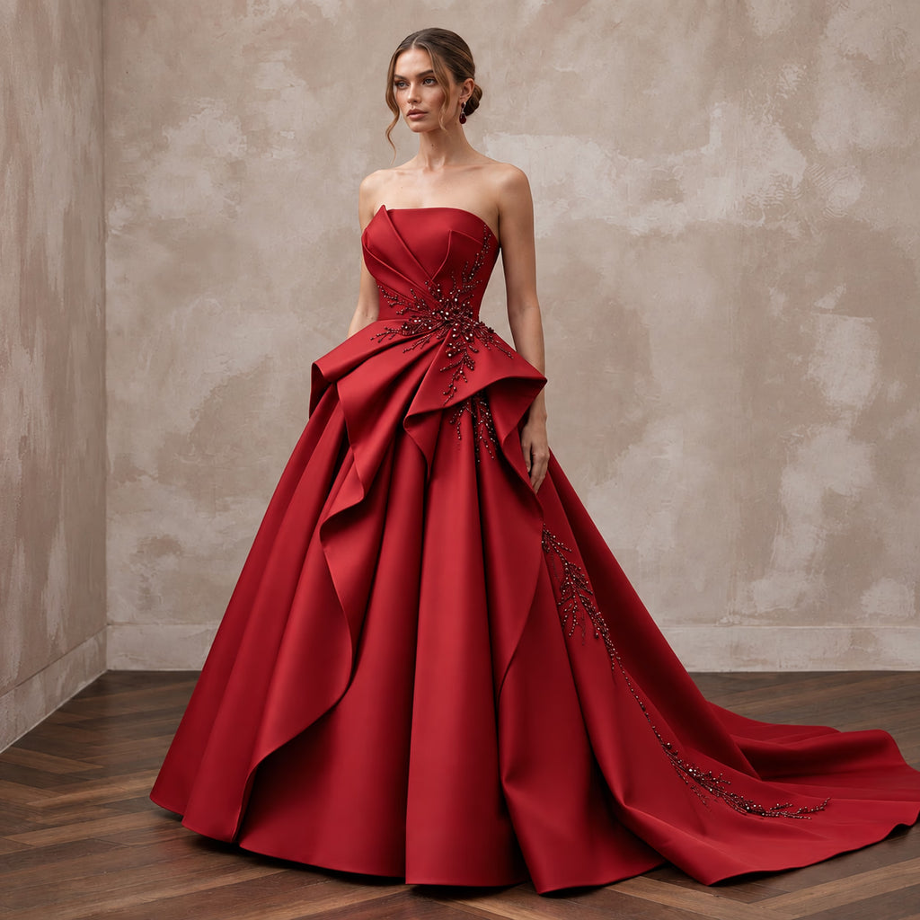 Ruby Red Sculptural Faille Strapless Ball Gown for Charity Gala