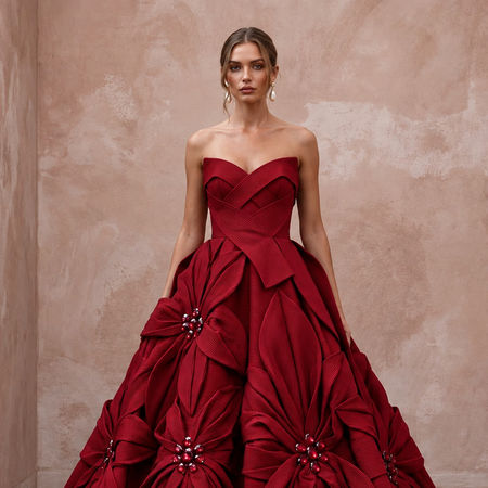 Ruby Red Sculptural Faille Strapless Ball Gown for Charity Gala - Apparel & Accessories > Clothing > Wedding & Bridal Party Dresses > Wedding Dresses - Mignonette Bridal