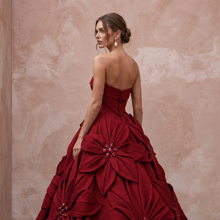 Ruby Red Sculptural Faille Strapless Ball Gown for Charity Gala - Apparel & Accessories > Clothing > Wedding & Bridal Party Dresses > Wedding Dresses - Mignonette Bridal