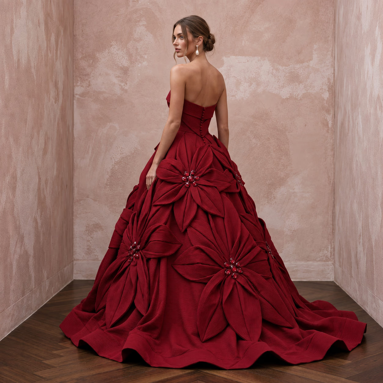 Ruby Red Sculptural Faille Strapless Ball Gown for Charity Gala Secondary image