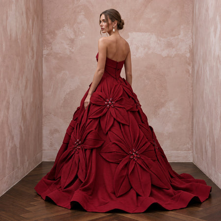 Ruby Red Sculptural Faille Strapless Ball Gown for Charity Gala - Apparel & Accessories > Clothing > Wedding & Bridal Party Dresses > Wedding Dresses - Mignonette Bridal