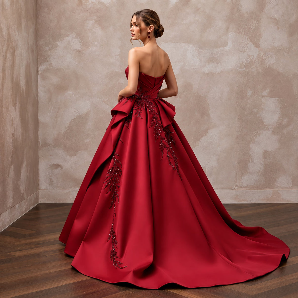 Ruby Red Sculptural Faille Strapless Ball Gown for Charity Gala