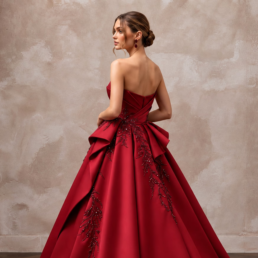 Ruby Red Sculptural Faille Strapless Ball Gown for Charity Gala