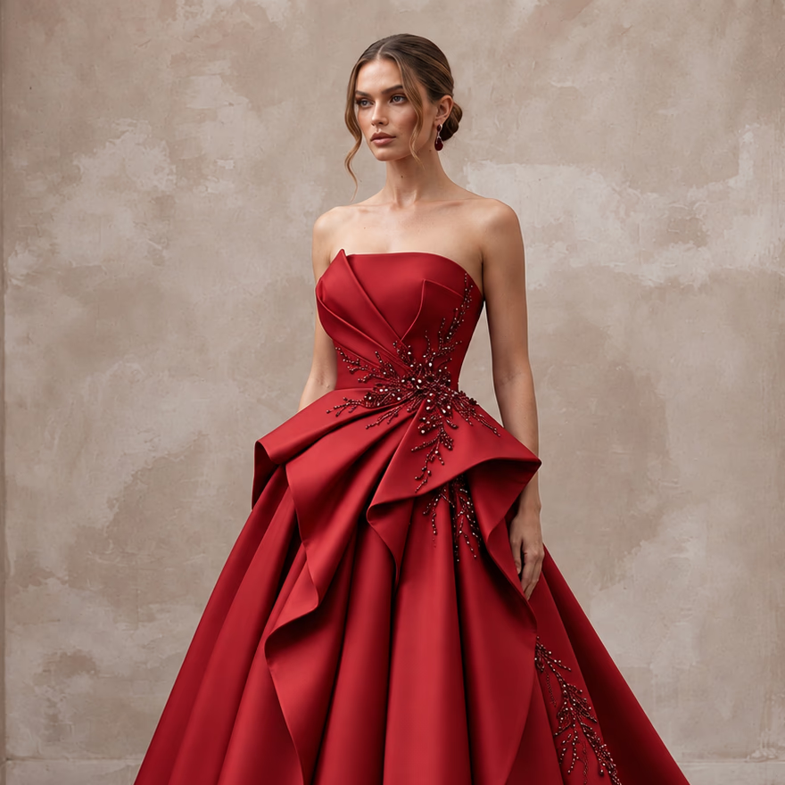 Ruby Red Sculptural Faille Strapless Ball Gown for Charity Gala