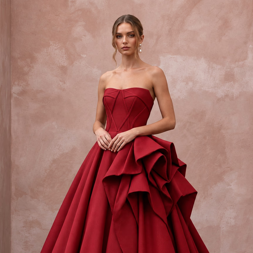 Ruby Red Sculptural Faille Strapless Ball Gown for Charity Gala