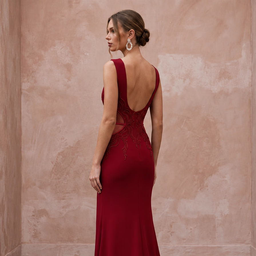 Ruby Red Stretch Crepe Cut - Out Waist High Slit Formal Gown - Apparel & Accessories > Clothing > Wedding & Bridal Party Dresses > Wedding Dresses - Mignonette Bridal