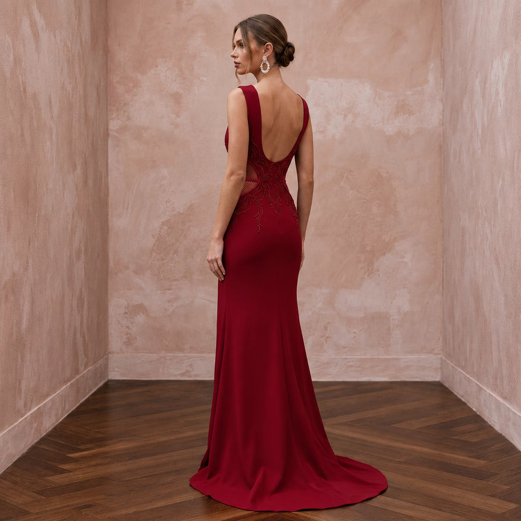 Ruby Red Stretch Crepe Cut - Out Waist High Slit Formal Gown - Apparel & Accessories > Clothing > Wedding & Bridal Party Dresses > Wedding Dresses - Mignonette Bridal