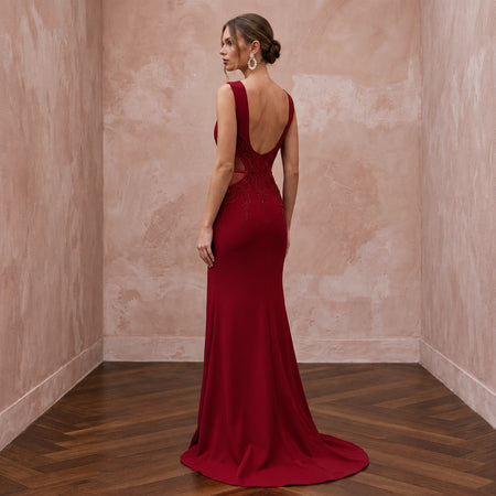 Ruby Red Stretch Crepe Cut - Out Waist High Slit Formal Gown - Apparel & Accessories > Clothing > Wedding & Bridal Party Dresses > Wedding Dresses - Mignonette Bridal