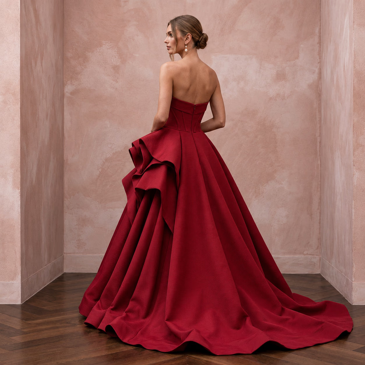 Ruby Red Sculptural Faille Strapless Ball Gown for Charity Gala Secondary image