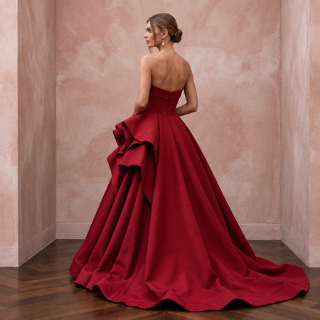 Ruby Red Sculptural Faille Strapless Ball Gown for Charity Gala