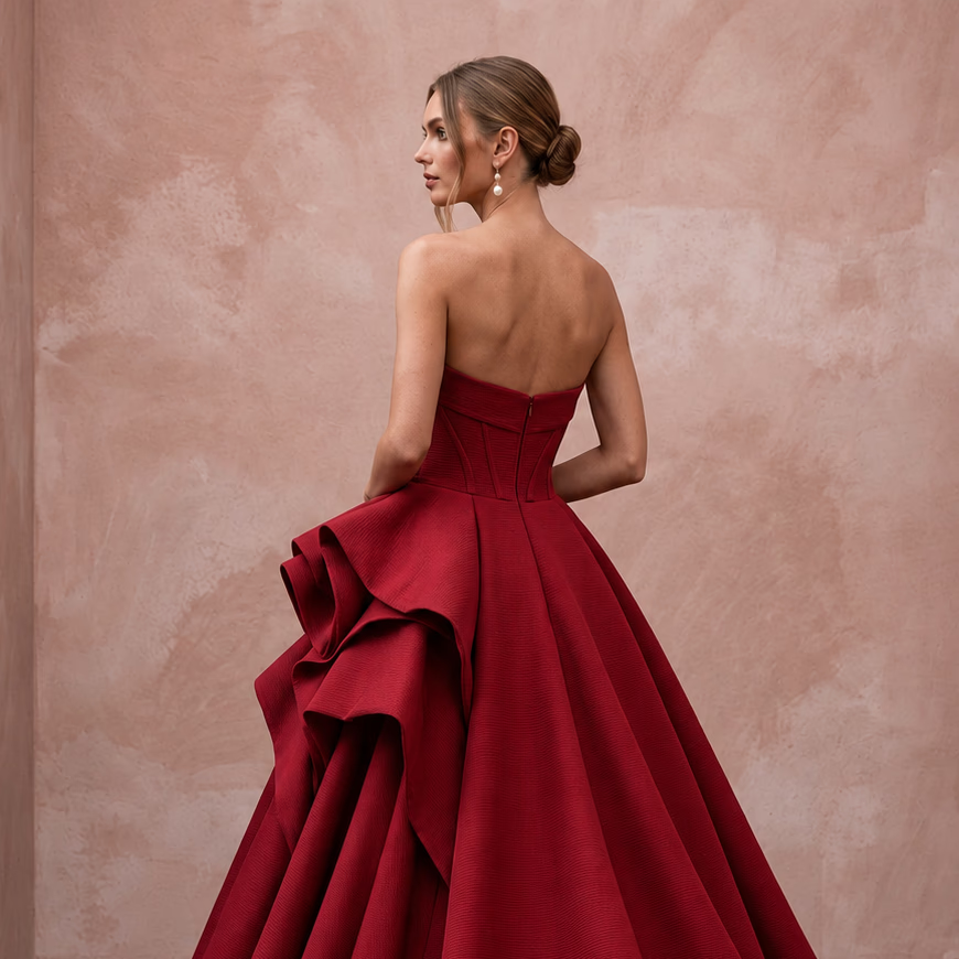 Ruby Red Sculptural Faille Strapless Ball Gown for Charity Gala