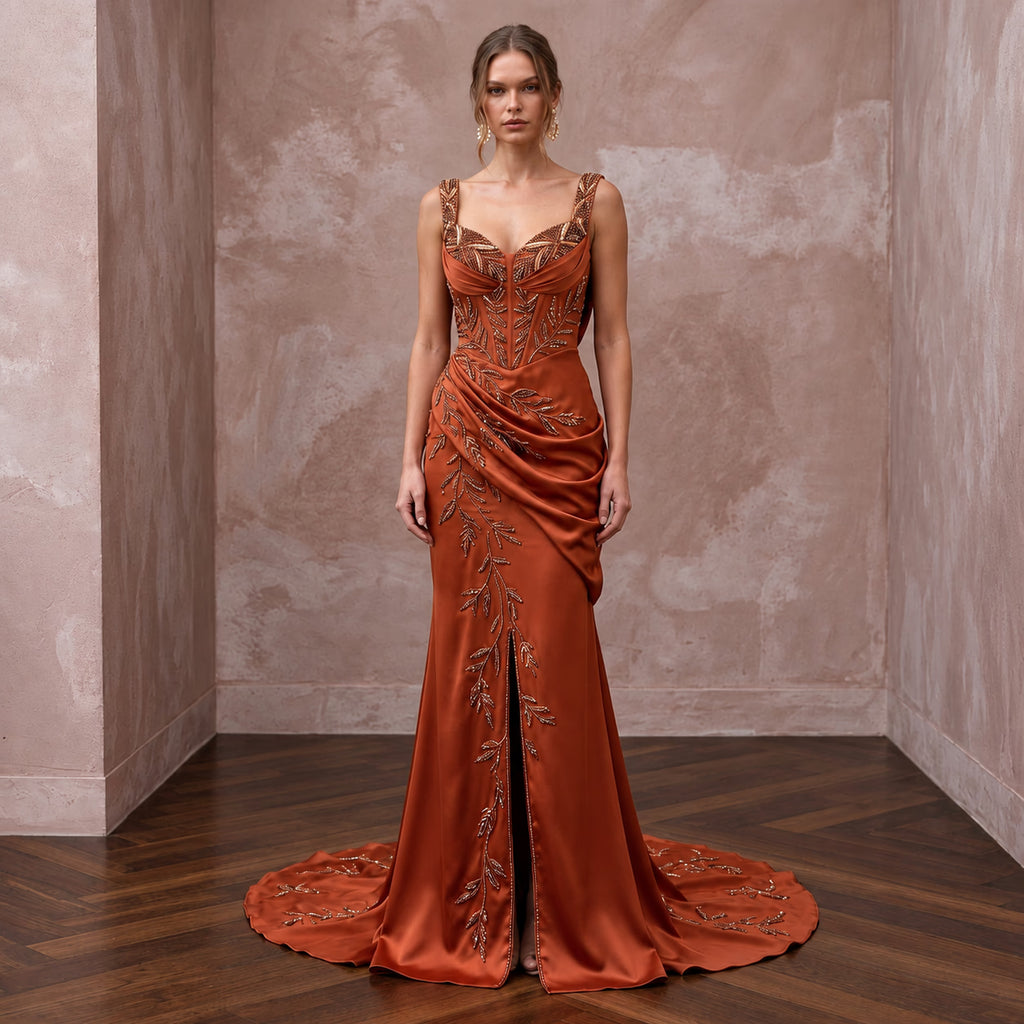Rust Orange Heavy Satin Draped Cowl Back Evening Gown