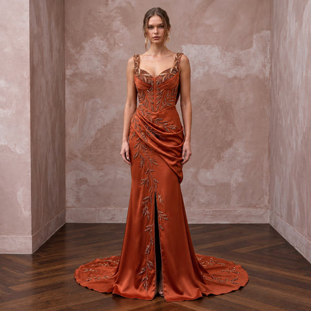 Rust Orange Heavy Satin Draped Cowl Back Evening Gown