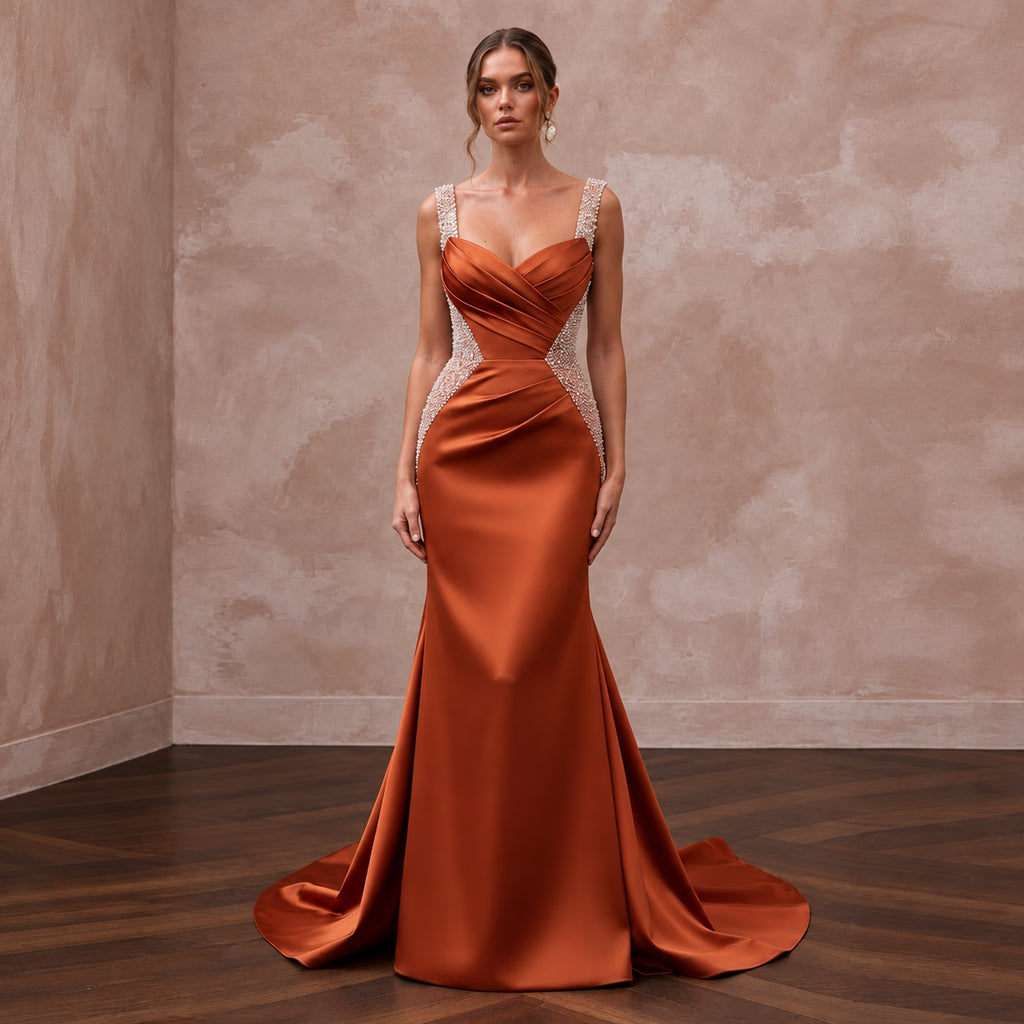Rust Orange Heavy Satin Draped Cowl Back Evening Gown - Apparel & Accessories > Clothing > Wedding & Bridal Party Dresses > Wedding Dresses - Mignonette Bridal