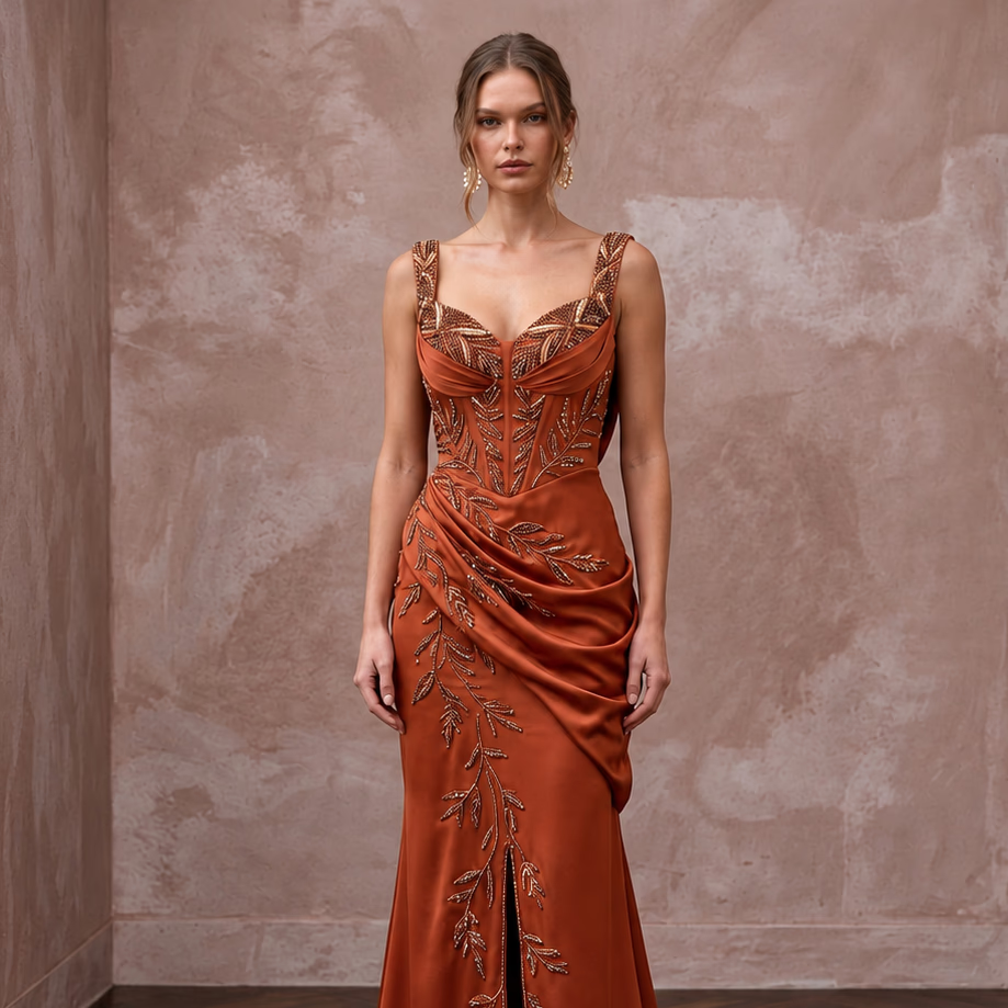 Rust Orange Heavy Satin Draped Cowl Back Evening Gown