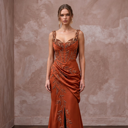 Rust Orange Heavy Satin Draped Cowl Back Evening Gown