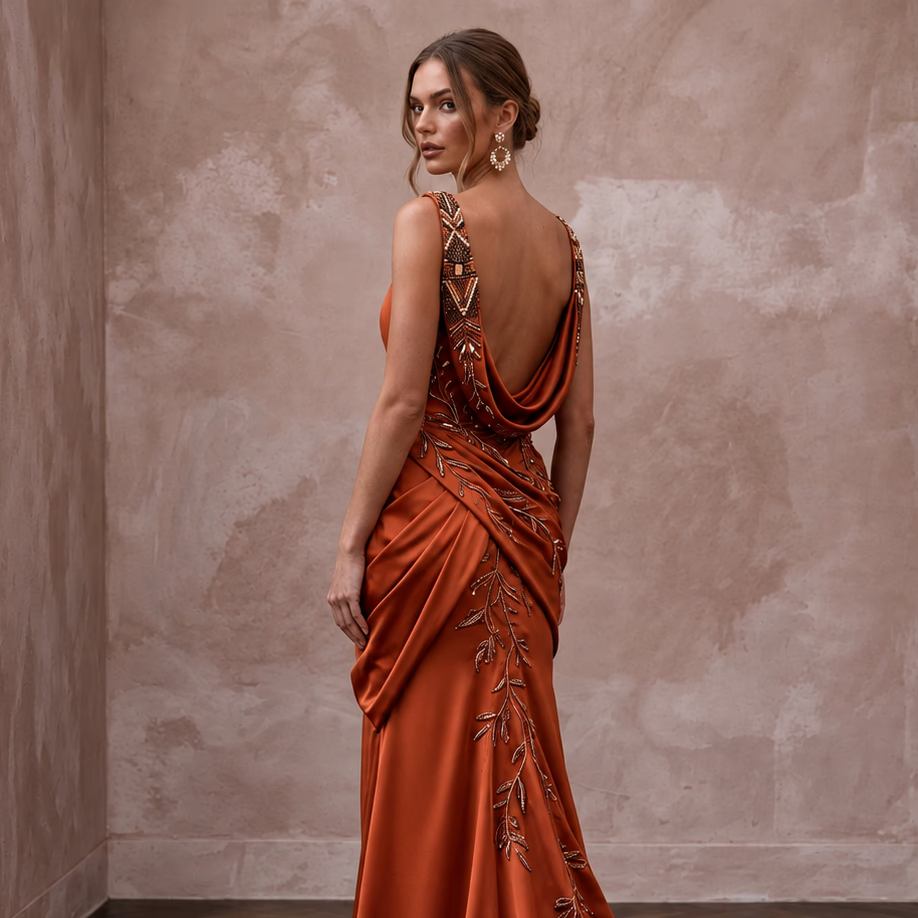 Rust Orange Heavy Satin Draped Cowl Back Evening Gown