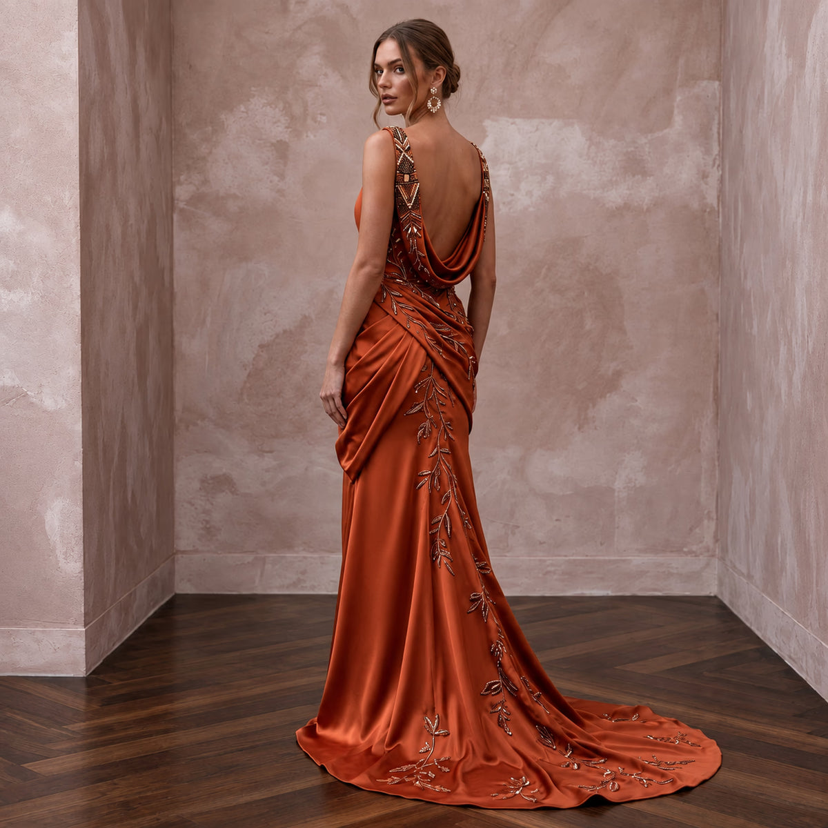 Rust Orange Heavy Satin Draped Cowl Back Evening Gown