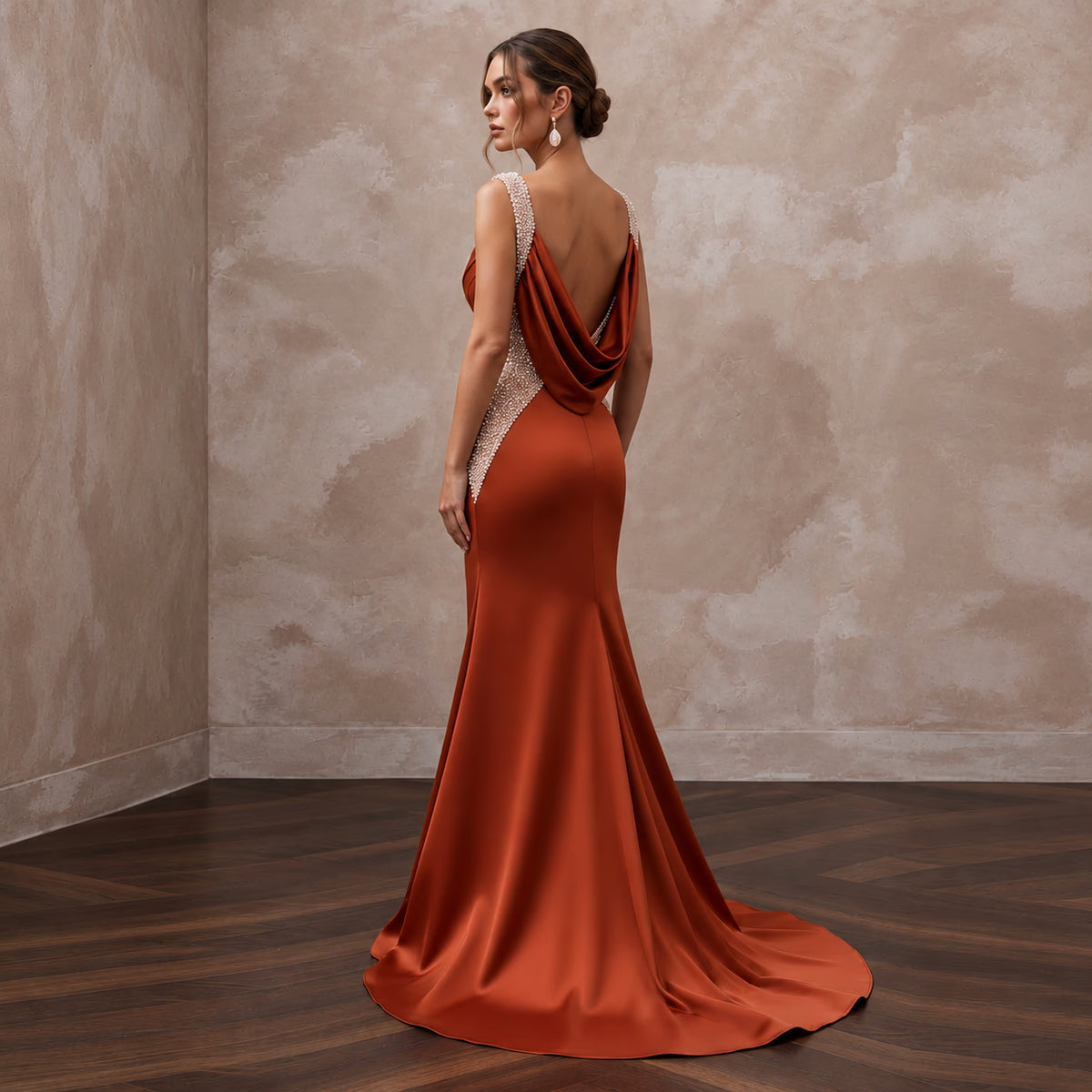 Rust Orange Heavy Satin Draped Cowl Back Evening Gown - Apparel & Accessories > Clothing > Wedding & Bridal Party Dresses > Wedding Dresses - Mignonette Bridal