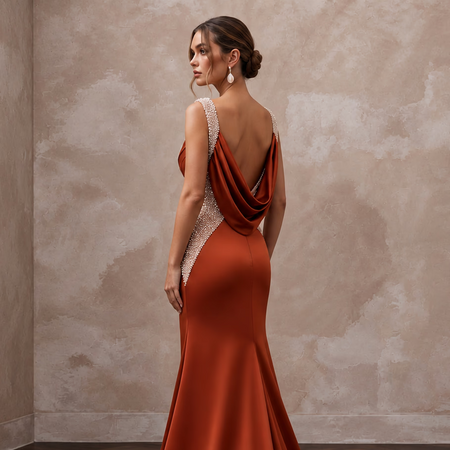 Rust Orange Heavy Satin Draped Cowl Back Evening Gown - Apparel & Accessories > Clothing > Wedding & Bridal Party Dresses > Wedding Dresses - Mignonette Bridal