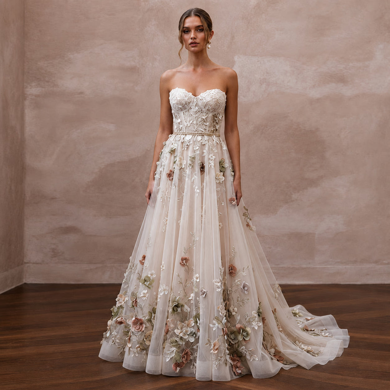 Rustic A-Line Bridal Dress with Floral Appliques for a Barn Wedding