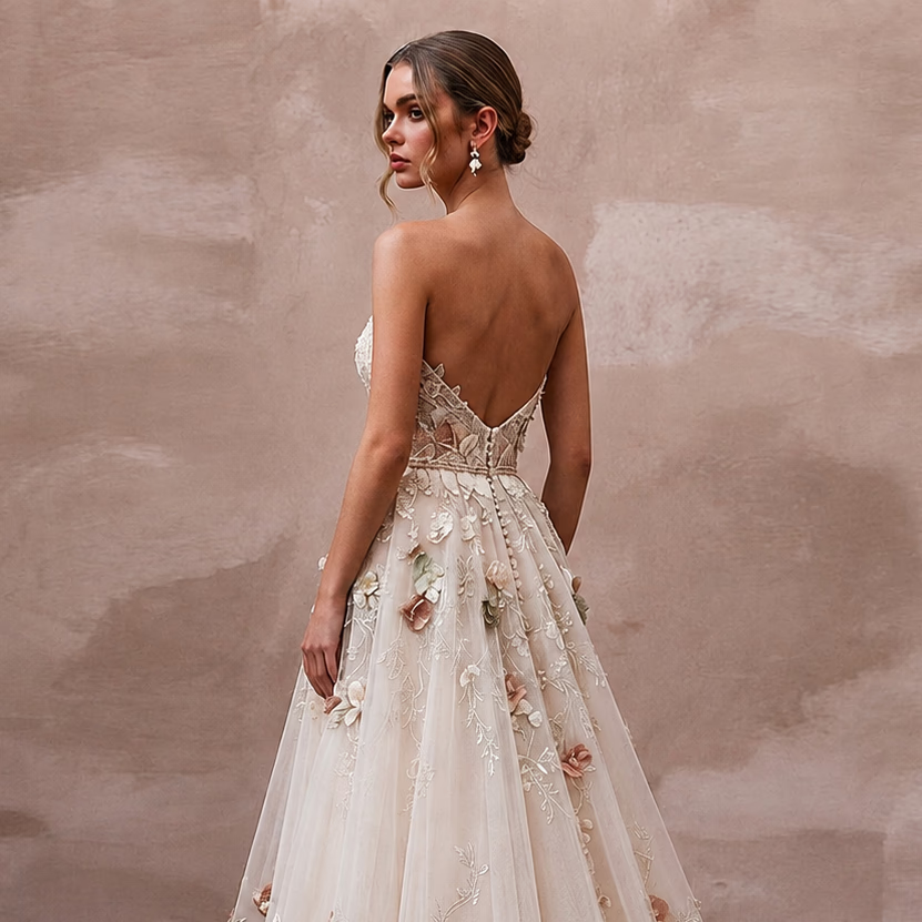 Rustic A-Line Bridal Dress with Floral Appliques for a Barn Wedding