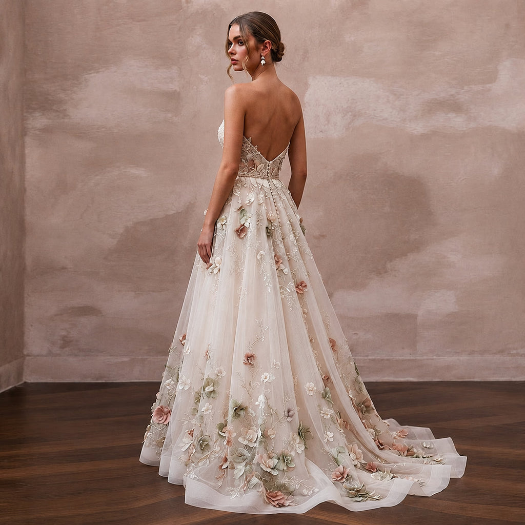 Rustic A-Line Bridal Dress with Floral Appliques for a Barn Wedding