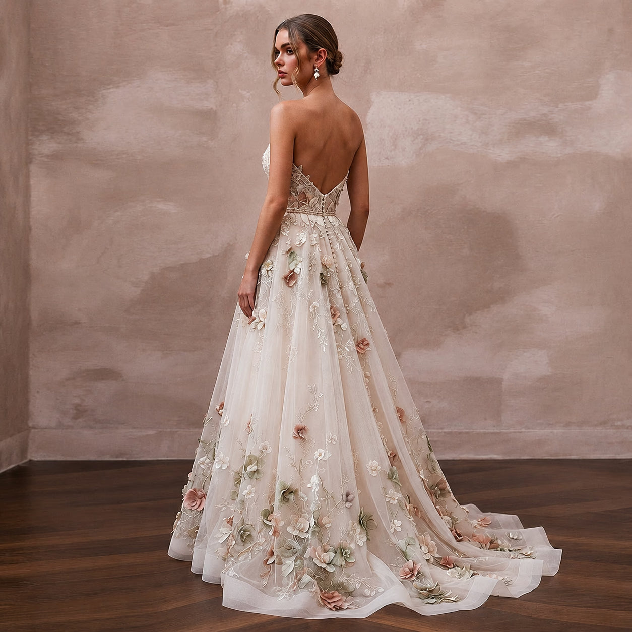 Rustic A-Line Bridal Dress with Floral Appliques for a Barn Wedding