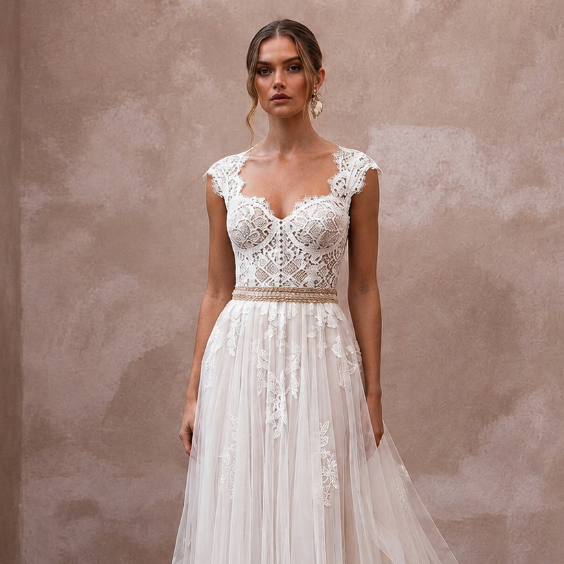 Rustic Bohemian Wedding Dress with Lace Bodice and Flowing Skirt