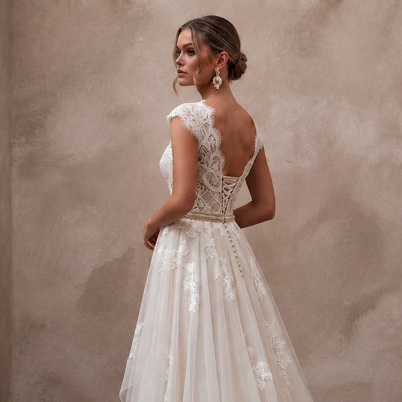 Rustic Bohemian Wedding Dress with Lace Bodice and Flowing Skirt