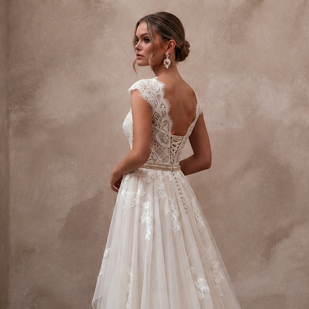 Rustic Bohemian Wedding Dress with Lace Bodice and Flowing Skirt