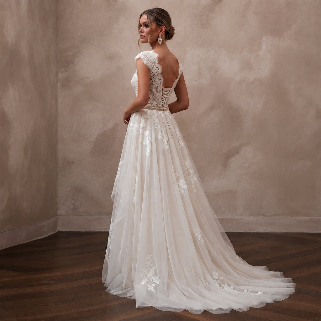 Rustic Bohemian Wedding Dress with Lace Bodice and Flowing Skirt