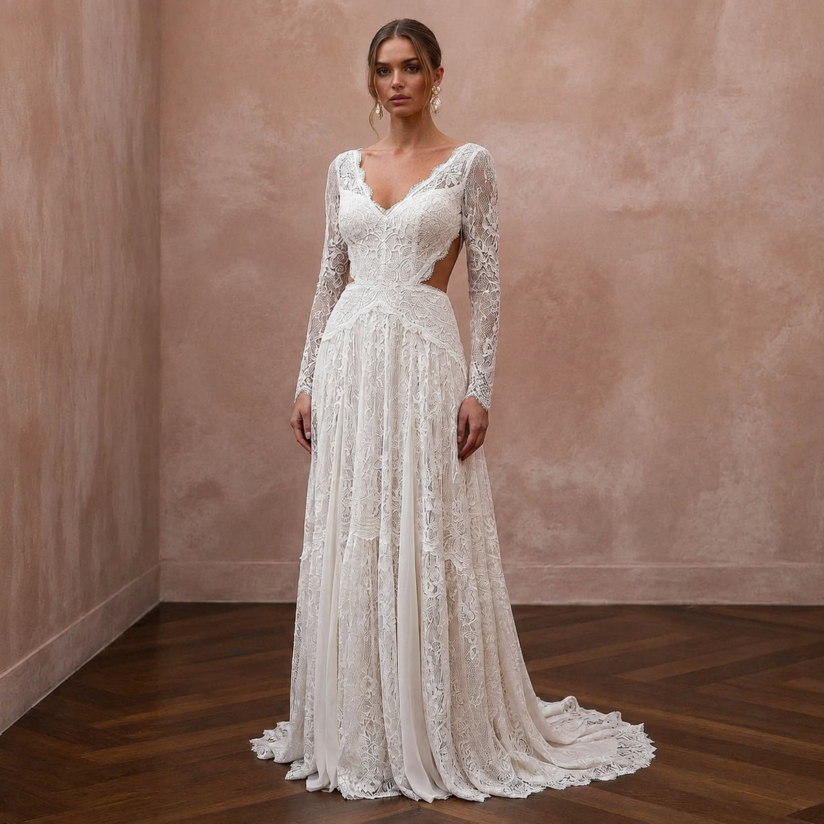 Rustic Boho Wedding Gown with Floral Lace and Open Back - Apparel & Accessories > Clothing > Wedding & Bridal Party Dresses > Wedding Dresses - Mignonette Bridal Main image