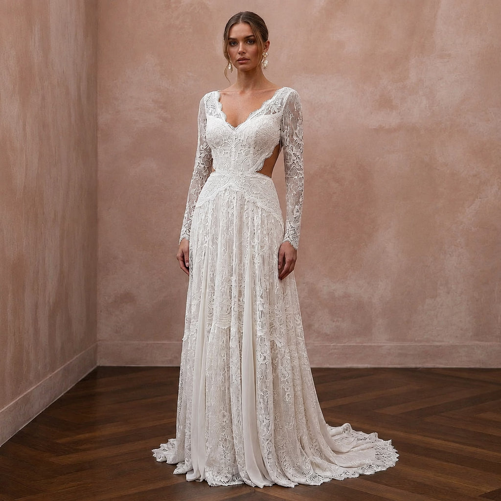 Rustic Boho Wedding Gown with Floral Lace and Open Back