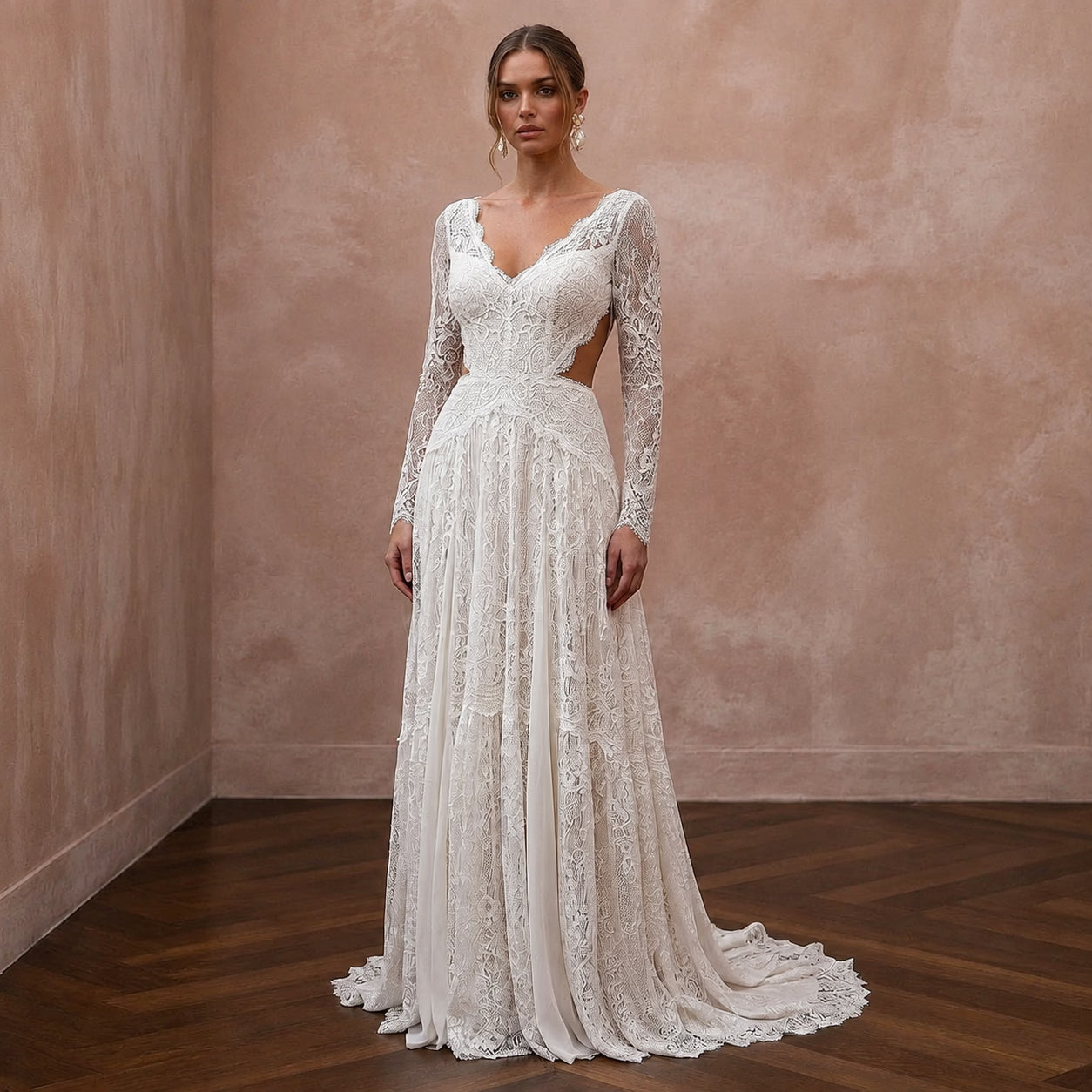 Rustic Boho Wedding Gown with Floral Lace and Open Back
