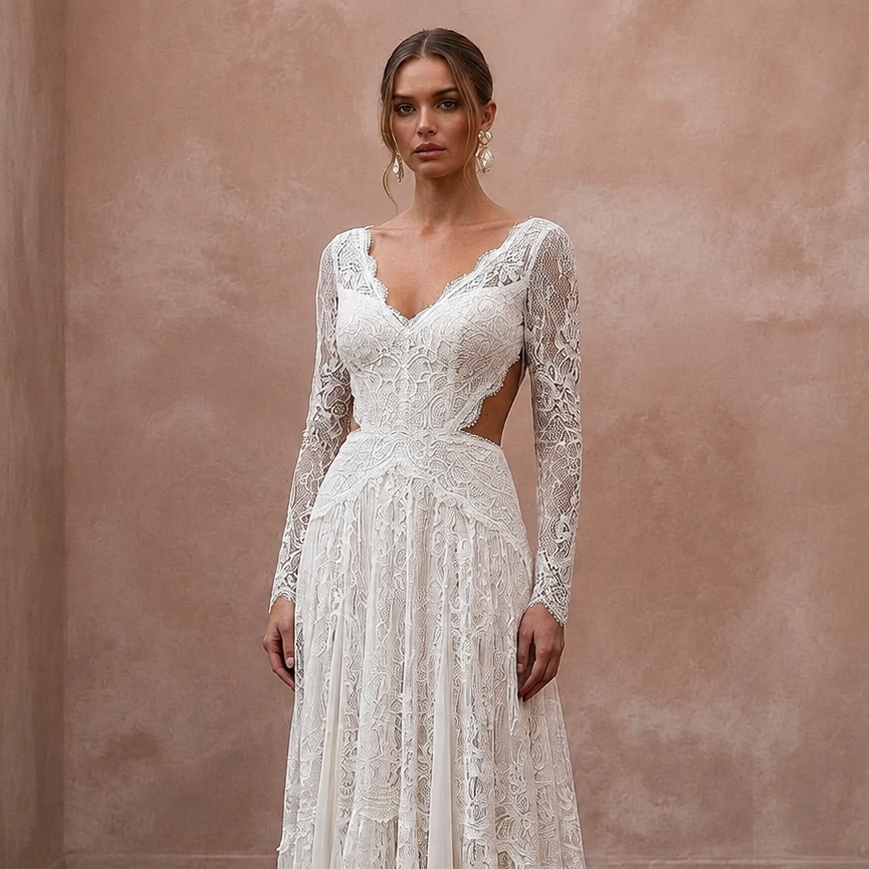 Rustic Boho Wedding Gown with Floral Lace and Open Back
