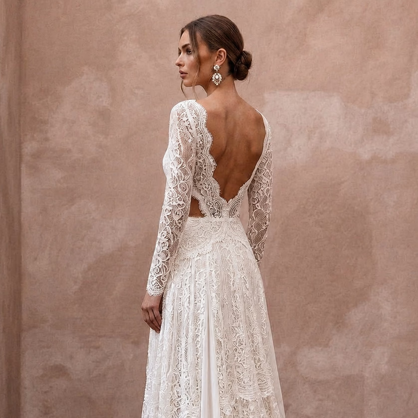 Rustic Boho Wedding Gown with Floral Lace and Open Back