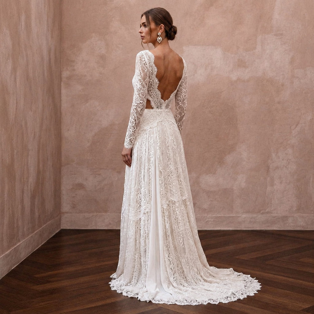 Rustic Boho Wedding Gown with Floral Lace and Open Back