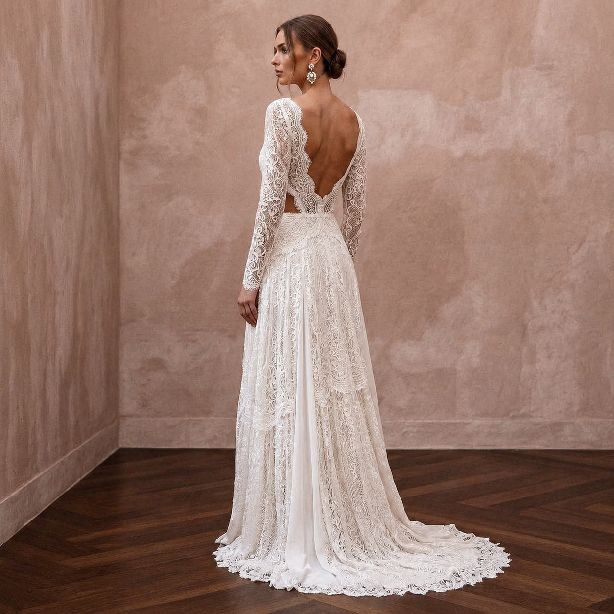 Rustic Boho Wedding Gown with Floral Lace and Open Back