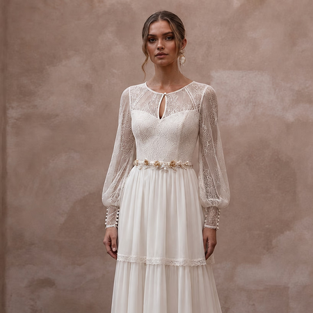 Rustic Chiffon Bridal Dress with Long Sleeves for a Farm Wedding