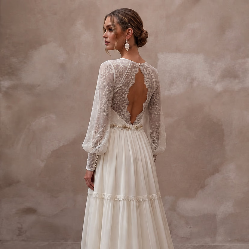 Rustic Chiffon Bridal Dress with Long Sleeves for a Farm Wedding