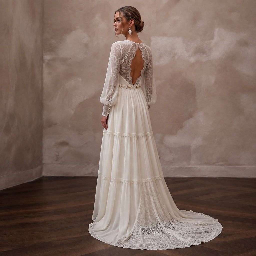 Rustic Chiffon Bridal Dress with Long Sleeves for a Farm Wedding