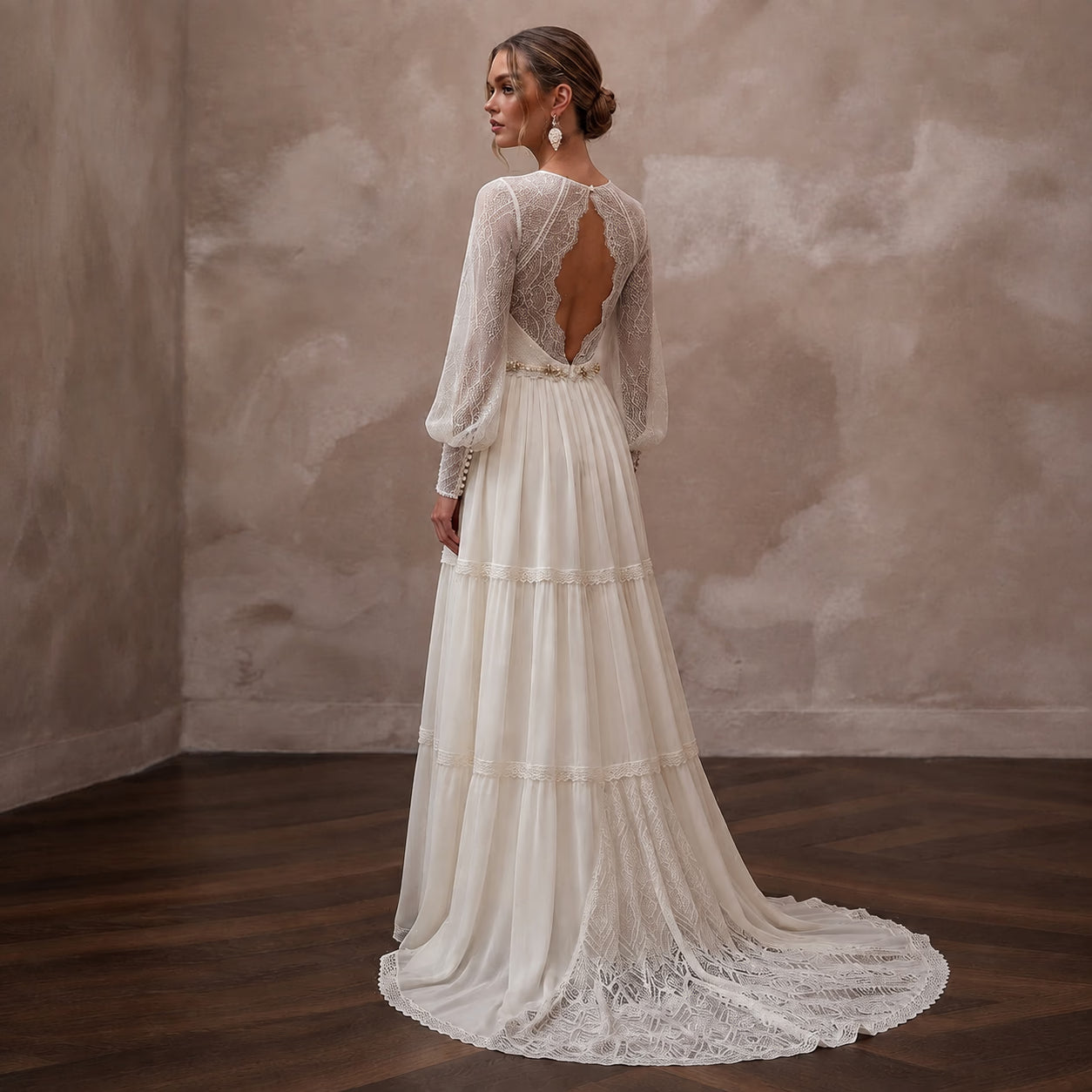 Rustic Chiffon Bridal Dress with Long Sleeves for a Farm Wedding