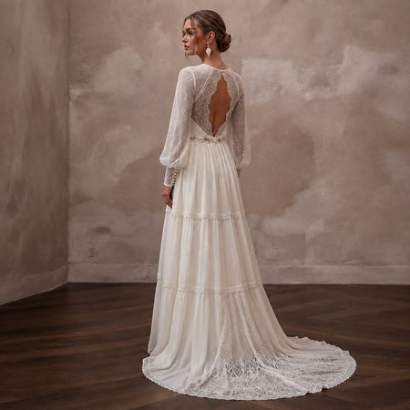 Rustic Chiffon Bridal Dress with Long Sleeves for a Farm Wedding