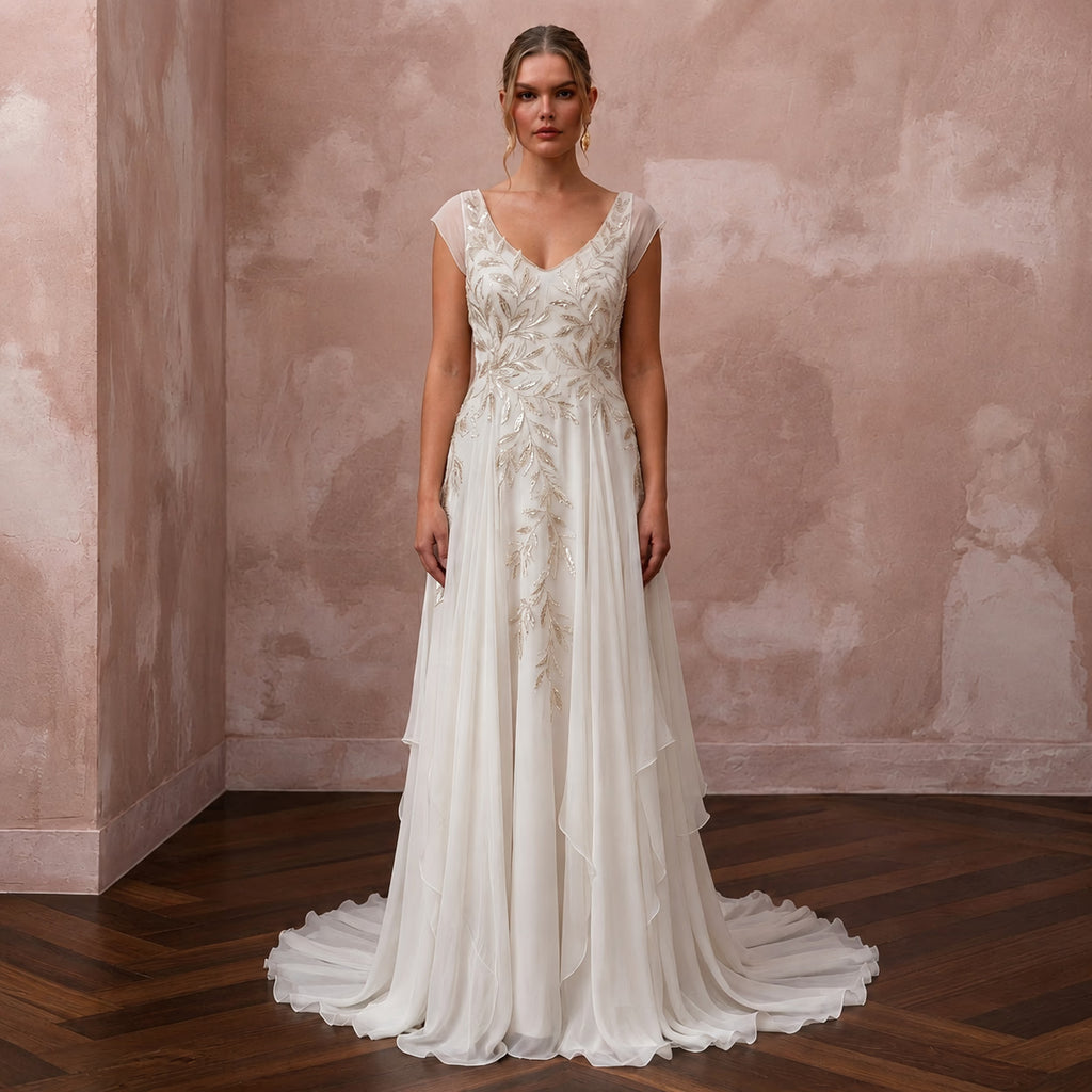 Rustic Chiffon Bridal Gown with Open Back for a Forest Wedding